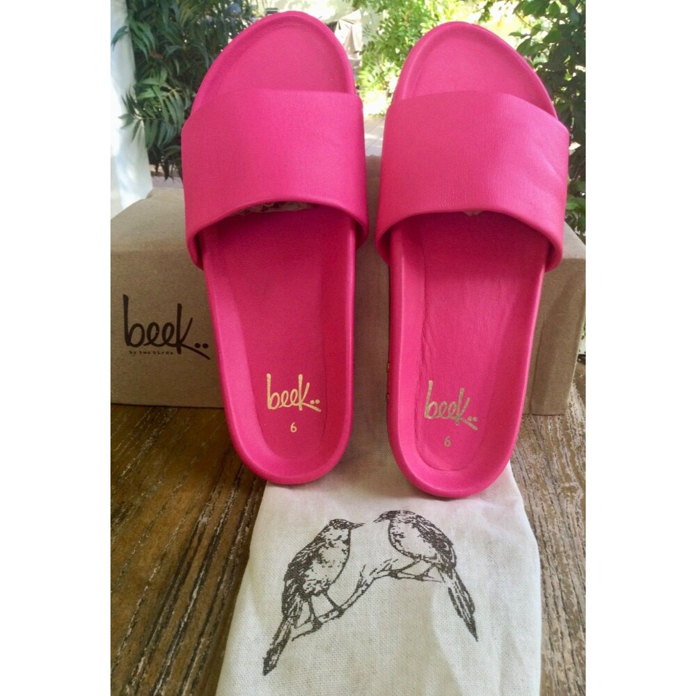 Beek Pelican Leather Platform Slide Sandals Size 6 Hibiscus Hot Pink Shoes w Bag - Picture 10 of 13